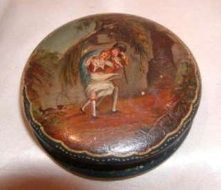 Antique Wood Snuff Box   Couple Braving a Storm   Circa Early 1800s 