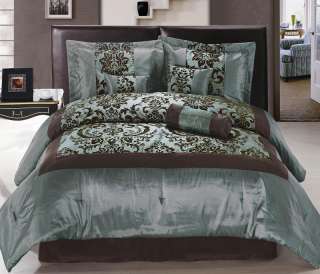   Blue Brown Flocking Floral Comforter Bed in a Bag Set King Size  