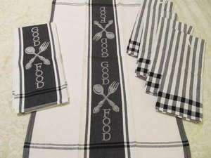 New 6 Piece Good Food Black & White Stripe Kitchen Towel Gift Set 