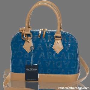 ARCADIA Italian DESIGNER BLUE PERFORATED PATENT LEATHER BOWLING BAG 