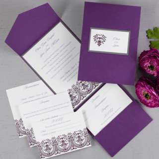   Glory Purple Grape Shimmer Filigree Pocket Wedding Invitation  