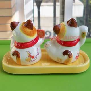 Lucky Cats Salt Pepper Pots Shakers Maneki Neko Pipa  