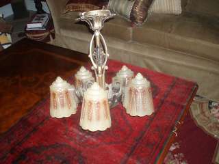 VINTAGE ART DECO HANGING CEILING LIGHT FIXTURE W/ 5 SLIP SHADES BY 