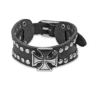  Black Leather Bracelet with Celtic Cross and Multi Dome 