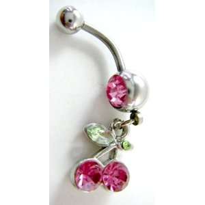  Pink Crystal CZ Dangle Belly Button Navel Ring Bar Silver 