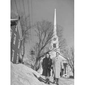 Dana Andrews and His Wife Taking a Walk Down Snow Covered Street 