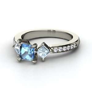 Caroline Ring, Princess Blue Topaz 14K White Gold Ring with Aquamarine 