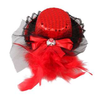 Shining sequin Red Mini Top Hat Feather Bow Hair Clip  