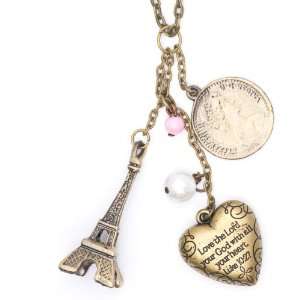 eiffel tower heart trust lord charm locket long bronze chain necklace 