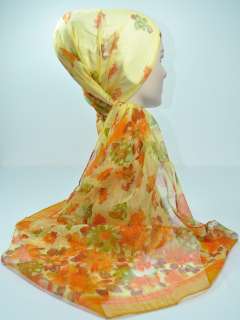 Linen Like Scarf Shawl Wrap Hijab Orange Green Floral  