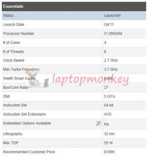 INTEL i7 2960XM extreme 3.7GHZ fastest laptop CPU processor  laptop 