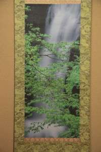 Japanese Green Hanging Scroll Japanese Maple and Waterfall Picture 