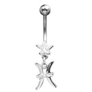 316L Surgical Steel   Clear Pisces Zodiac Sign   Belly Rings   14g 7 