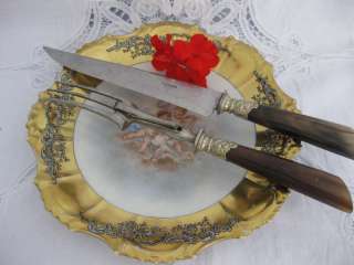 French Silver & Horn Carving set 2 pc w/box ROCOCO  