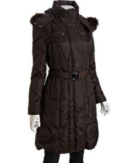 Marc New York chocolate quilted fur trim hood belted down jacket 