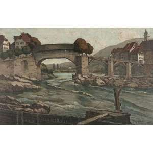 Vintage Landscape Poster   Old Rhine bridge near Laufenburg 24 X 15.5