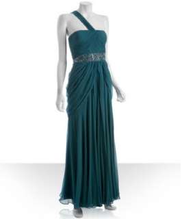 Mignon teal silk chiffon beaded one shoulder gown   