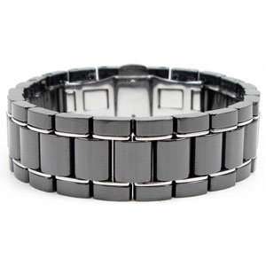 Mens Stainless and Black Ceramic Couture Panther Link Cuff Bracelet, 8 