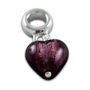  Silver Purple Foil Glass Heart Crystal Dangle European/Memory Charm 
