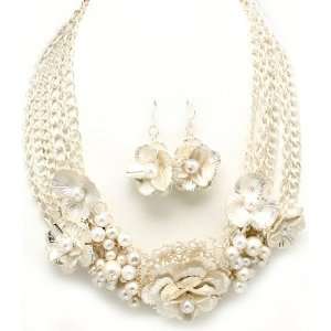    White Multi layer Flower Bouquet Surprize Necklace Set Jewelry