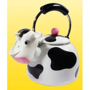   Novelty Farm Cow Design Whistling Enamel Coated Tea Kettle: Kitchen