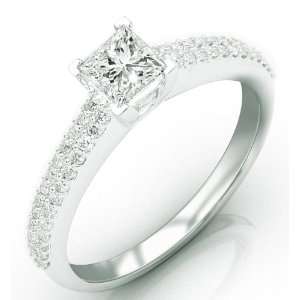  Set Round Cut Diamond Engagement Ring with a 0.71 Carat Princess Cut 