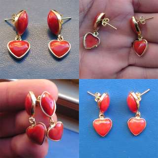 18K GOLD *** CORAL RED EARRINGS ITALY GENUINE Fine Vintage Style 