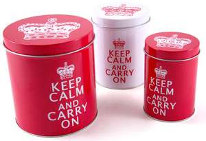 NEW Set of 3 KEEP CALM & CARRY ON Red White NESTED STORAGE TINS By 