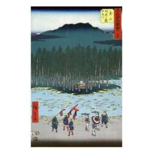Pilgrims Walking along a River near a Shrine, Japanese Wood Cut Print 