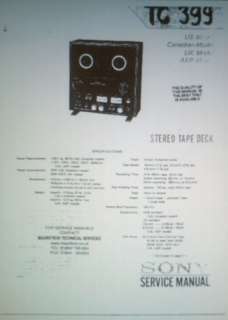SONY TC 399 REEL TAPE RECORDER SERVICE MANUAL BOUND ENG  