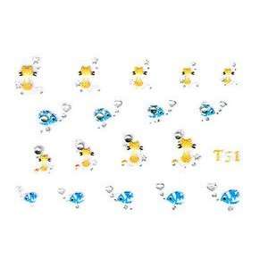   Yellow Kitty Cat & Blue Fish Rhinestone Nail Stickers/Decals Beauty