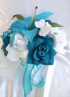   Wedding Bride Bouquet Boutonniere Corsage Package TURQUOISE WHITE