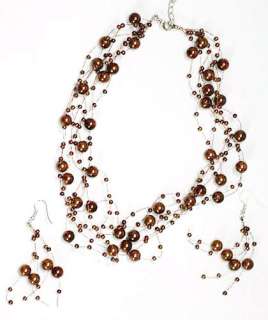   +5cm Length Woman Brown Mother of Pearl Beads Clasp Necklace Earrings