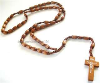 Long Wood Rosary Necklace Beads Mens Wooden Cross Brown  