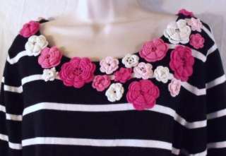 MARISA CHRISTINA size XL Black White Stripe PINK CROCHET FLOWERS Pima 