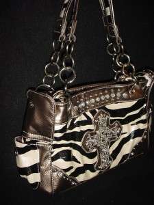 Zebra Print silver purse tote bag w cross rhinestones  