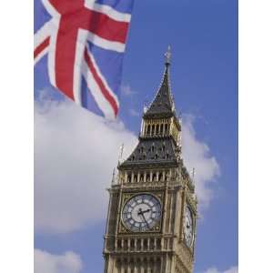 Big Ben and Union Jack Flag, Houses of Parliament, Westminster, London 